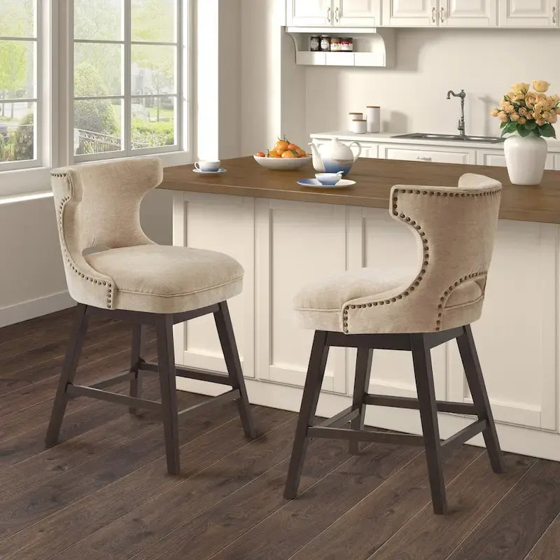 Tabouret de comptoir pivotant à 360° en tissu gris clair / beige / anthracite avec garniture cloutée – 1 place