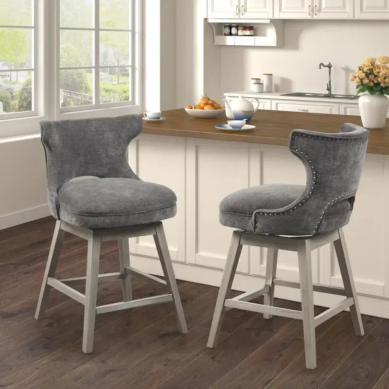 Tabouret de comptoir pivotant à 360° en tissu gris clair / beige / anthracite avec garniture cloutée – 1 place