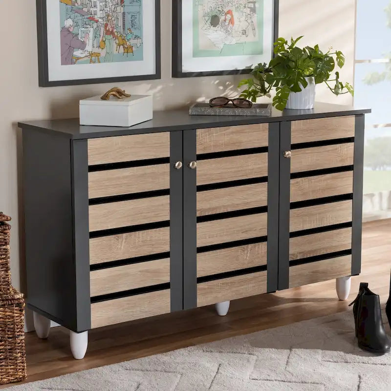 Meuble à chaussures 3 portes en bois à lattes Chêne et gris foncé – 14 paires