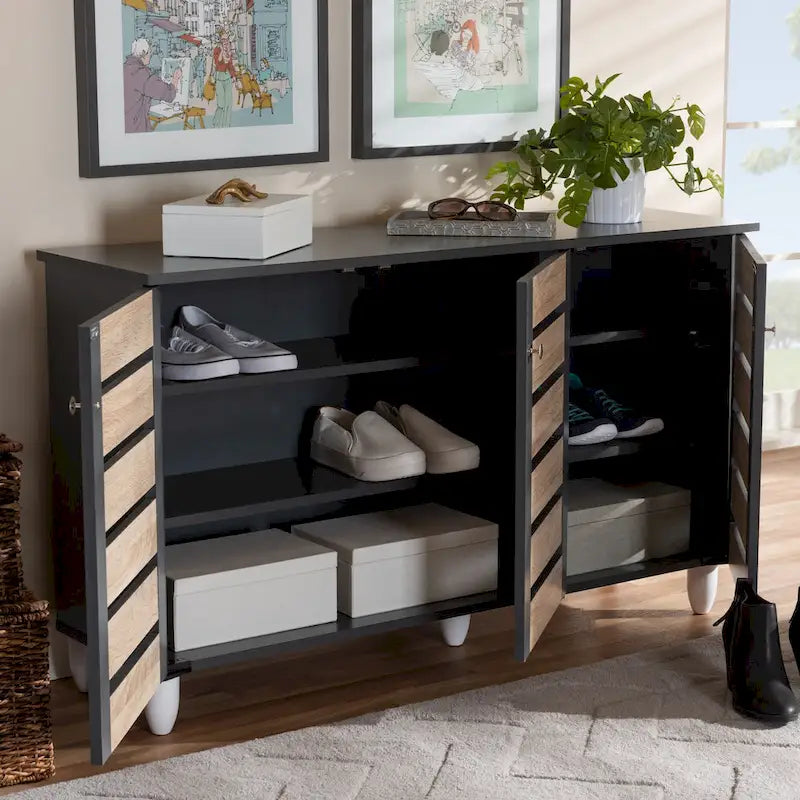 Meuble à chaussures 3 portes en bois à lattes Chêne et gris foncé – 14 paires