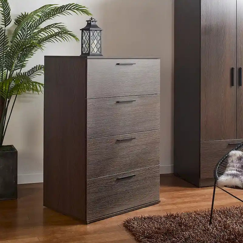 Commode de rangement jumbo 4 tiroirs style ferme marron / blanc / gris