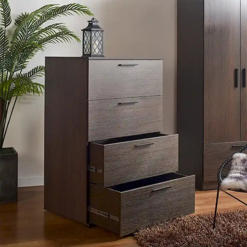 Commode de rangement jumbo 4 tiroirs style ferme marron / blanc / gris