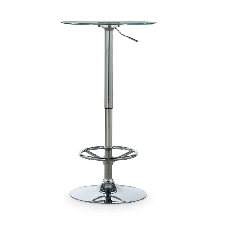 Table de bistrot ronde chromée à hauteur réglable avec plateau en verre – 2 places
