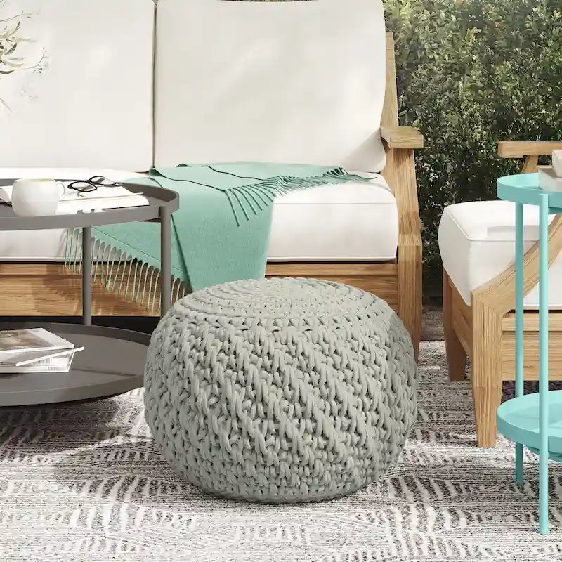 Pouf rond en tricot gris clair – Intérieur/extérieur, 1 place