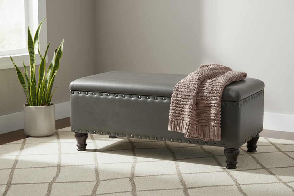 Banc de rangement en similicuir avec garniture cloutée – Plusieurs coloris