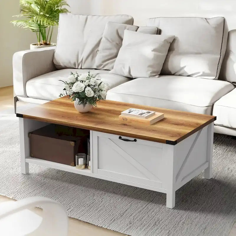 Table Basse Fermière avec Tiroir, Armoire et Étagère Ouverte – Plusieurs Couleurs