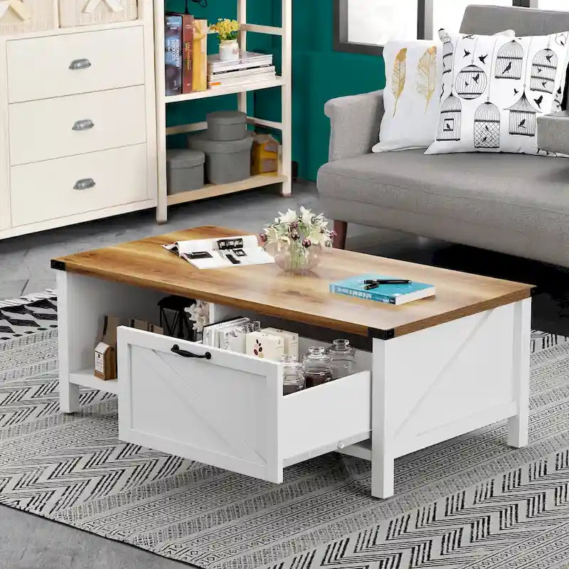 Table Basse Fermière avec Tiroir, Armoire et Étagère Ouverte – Plusieurs Couleurs