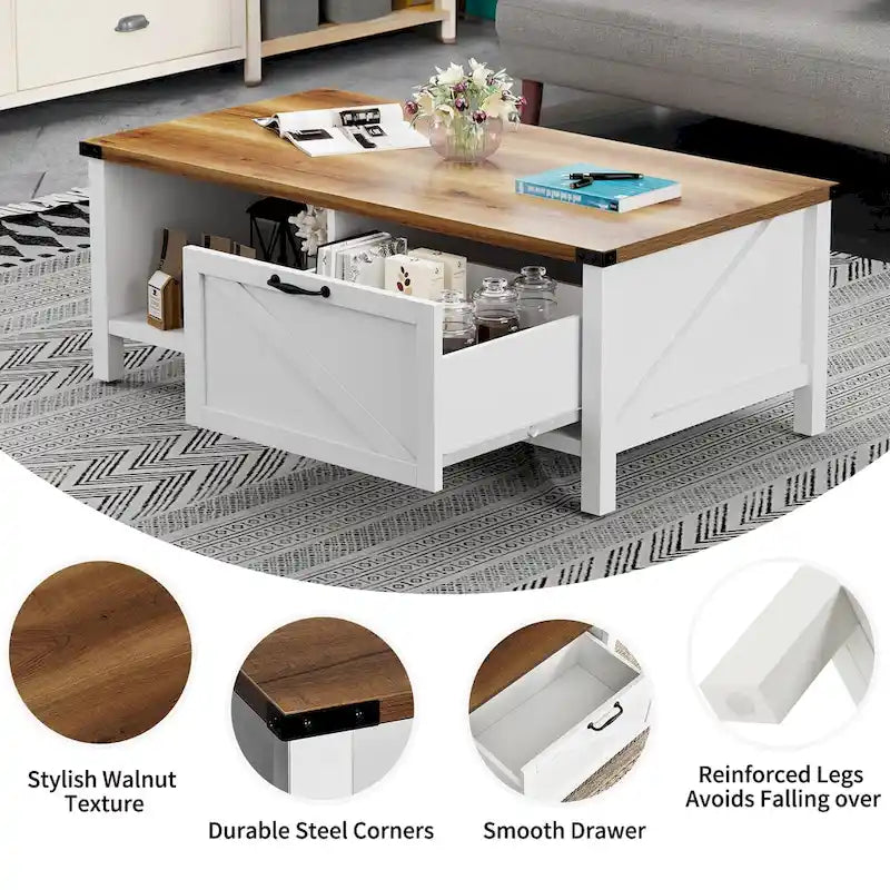 Table Basse Fermière avec Tiroir, Armoire et Étagère Ouverte – Plusieurs Couleurs