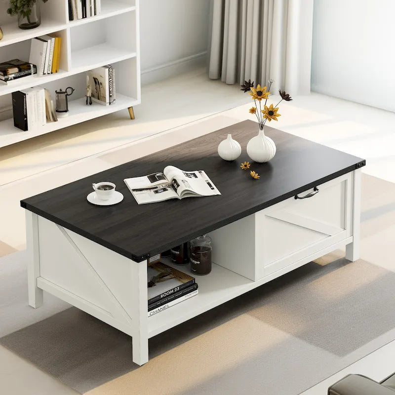 Table Basse Fermière avec Tiroir, Armoire et Étagère Ouverte – Plusieurs Couleurs