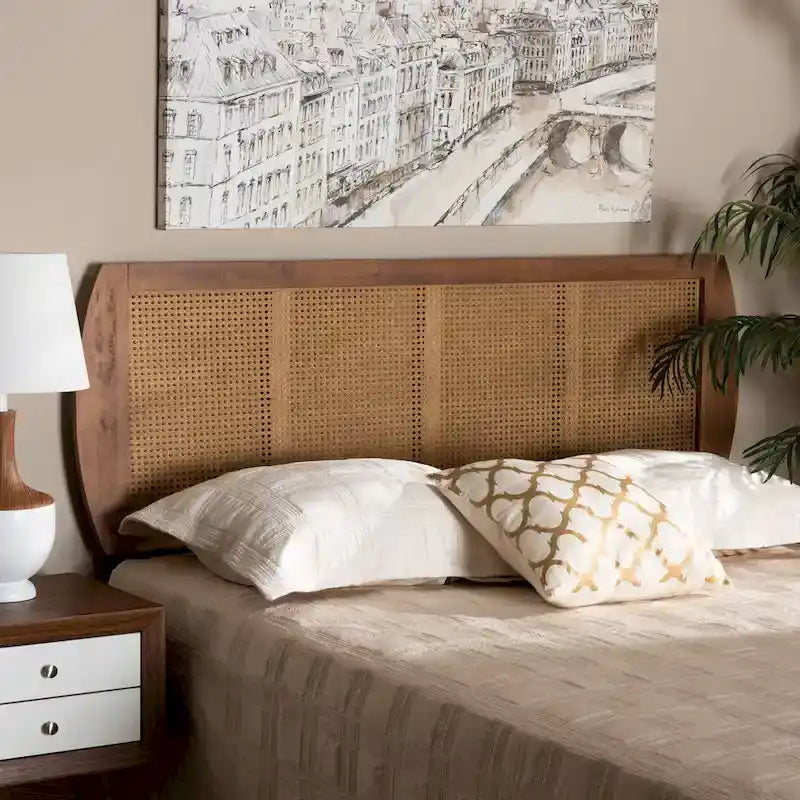 Harris Ash Walnut Wood and Synthetic Rattan Headboard