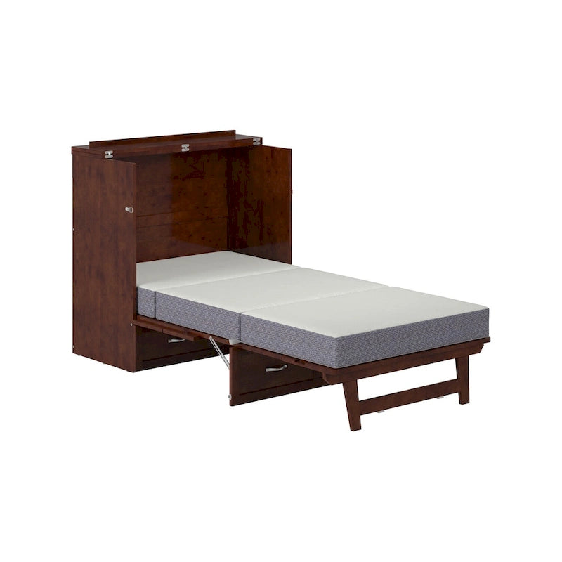 Lit escamotable mural en noyer avec matelas, tiroir de rangement et port USB – Taille Twin XL, 1 place