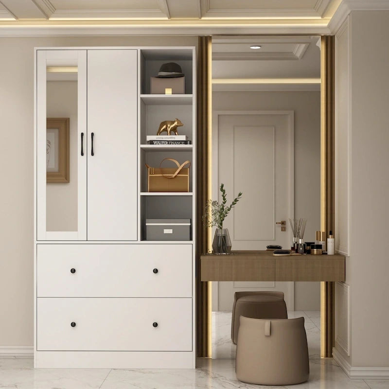 Armoire avec miroir, tringle extensible et 2 tiroirs, couleurs blanc/noir/bleu foncé