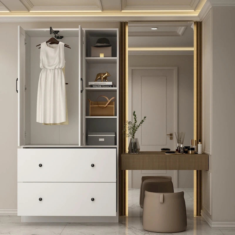 Armoire avec miroir, tringle extensible et 2 tiroirs, couleurs blanc/noir/bleu foncé