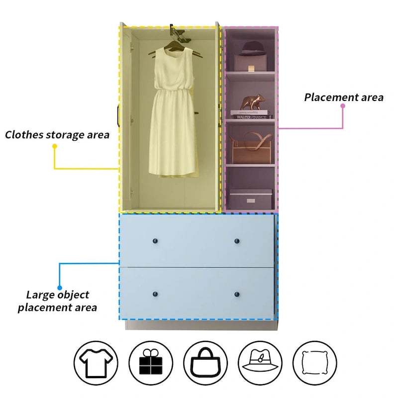 Armoire avec miroir, tringle extensible et 2 tiroirs, couleurs blanc/noir/bleu foncé
