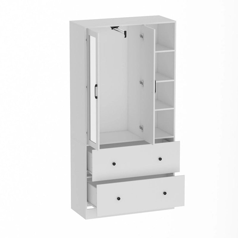 Armoire avec miroir, tringle extensible et 2 tiroirs, couleurs blanc/noir/bleu foncé