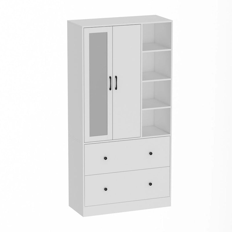 Armoire avec miroir, tringle extensible et 2 tiroirs, couleurs blanc/noir/bleu foncé