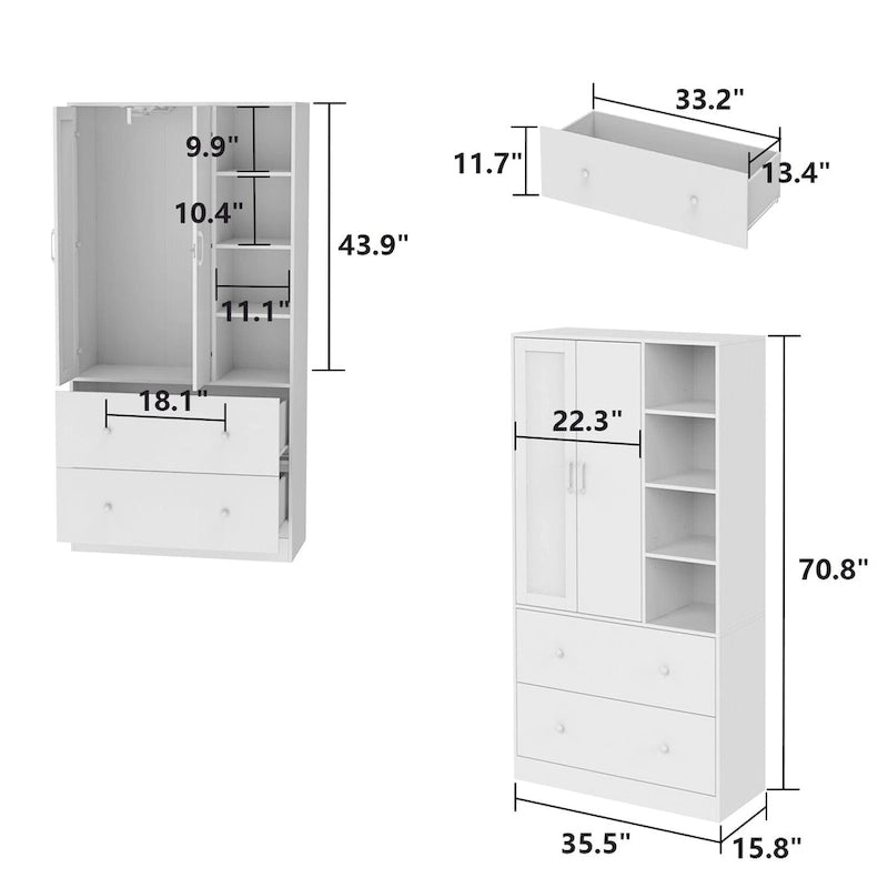 Armoire avec miroir, tringle extensible et 2 tiroirs, couleurs blanc/noir/bleu foncé