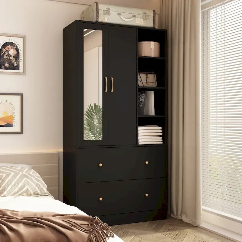 Armoire avec miroir, tringle extensible et 2 tiroirs, couleurs blanc/noir/bleu foncé