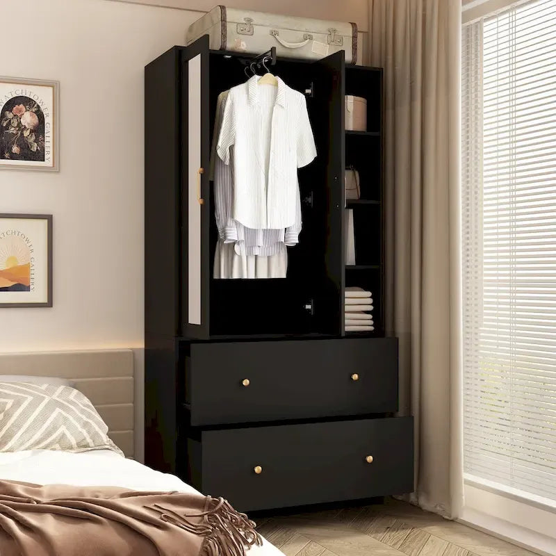Armoire avec miroir, tringle extensible et 2 tiroirs, couleurs blanc/noir/bleu foncé