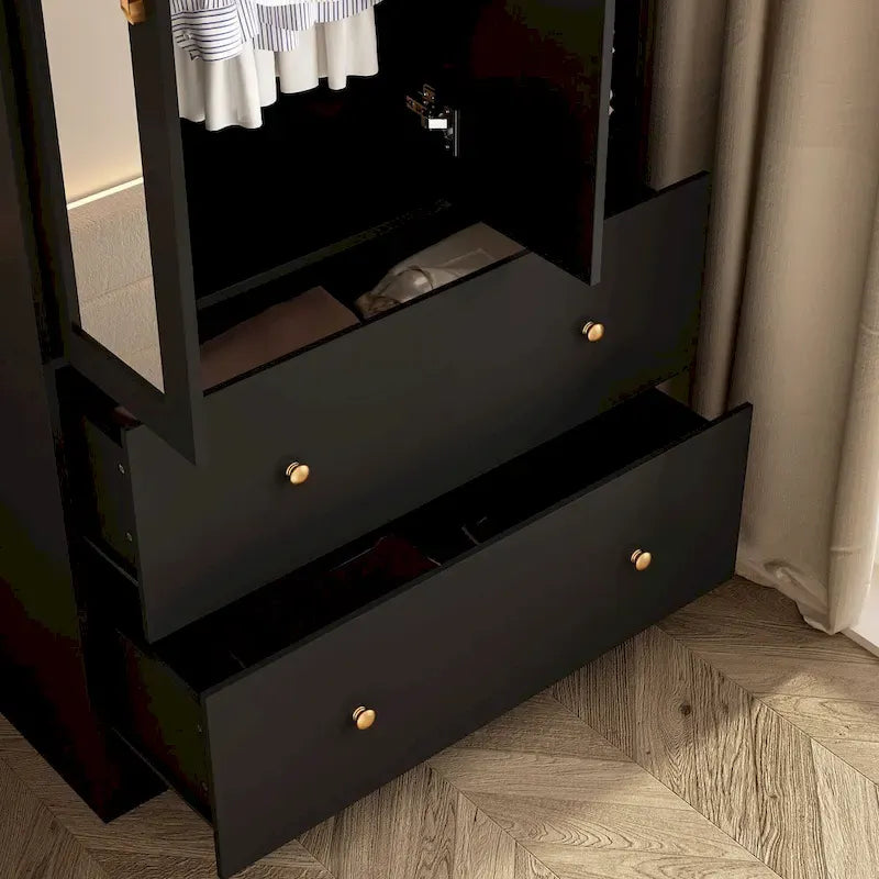 Armoire avec miroir, tringle extensible et 2 tiroirs, couleurs blanc/noir/bleu foncé