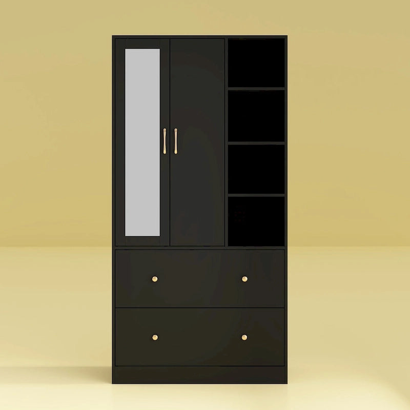 Armoire avec miroir, tringle extensible et 2 tiroirs, couleurs blanc/noir/bleu foncé