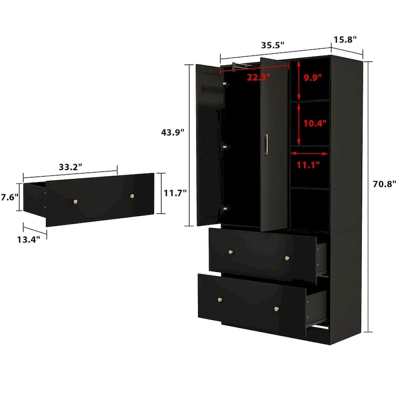 Armoire avec miroir, tringle extensible et 2 tiroirs, couleurs blanc/noir/bleu foncé