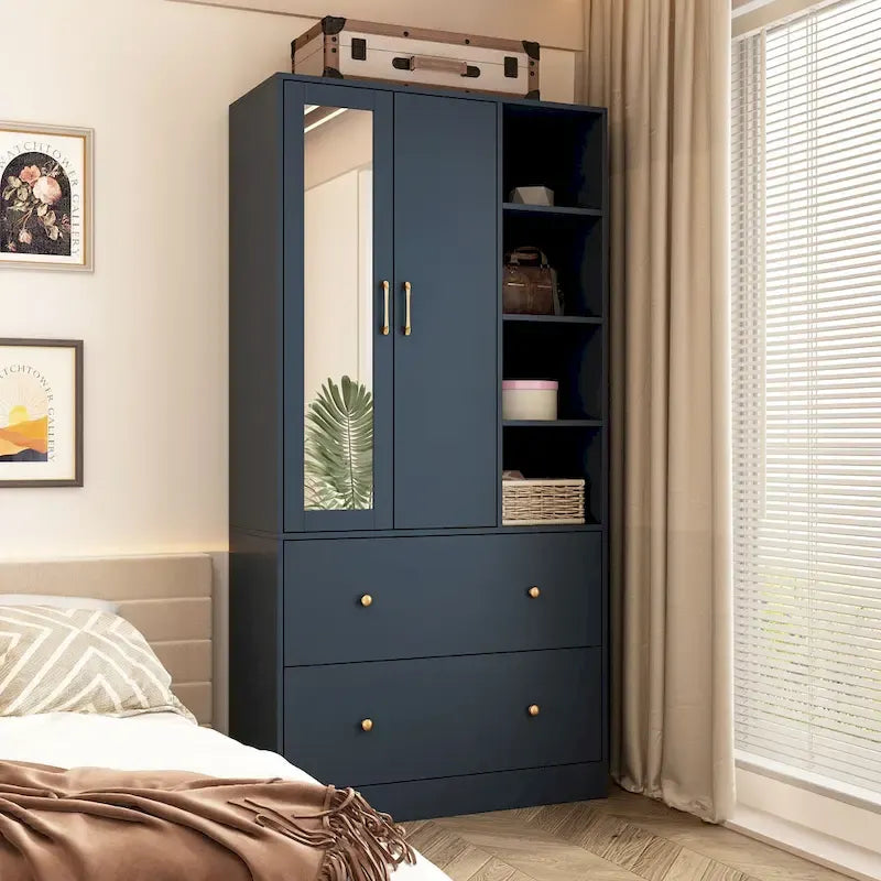 Armoire avec miroir, tringle extensible et 2 tiroirs, couleurs blanc/noir/bleu foncé