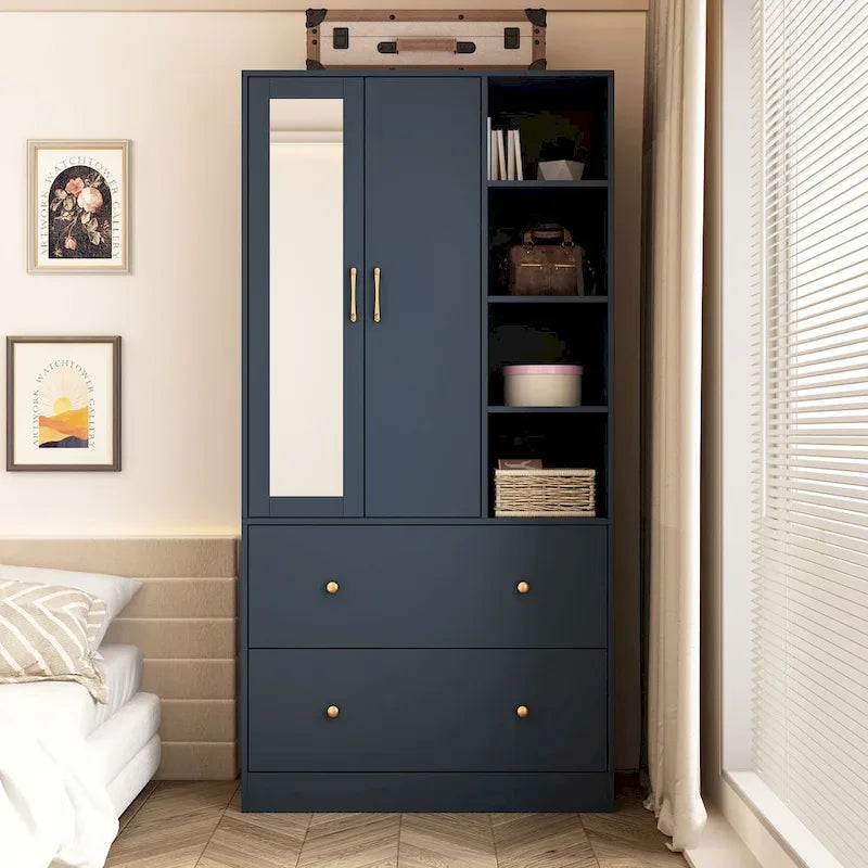 Armoire avec miroir, tringle extensible et 2 tiroirs, couleurs blanc/noir/bleu foncé