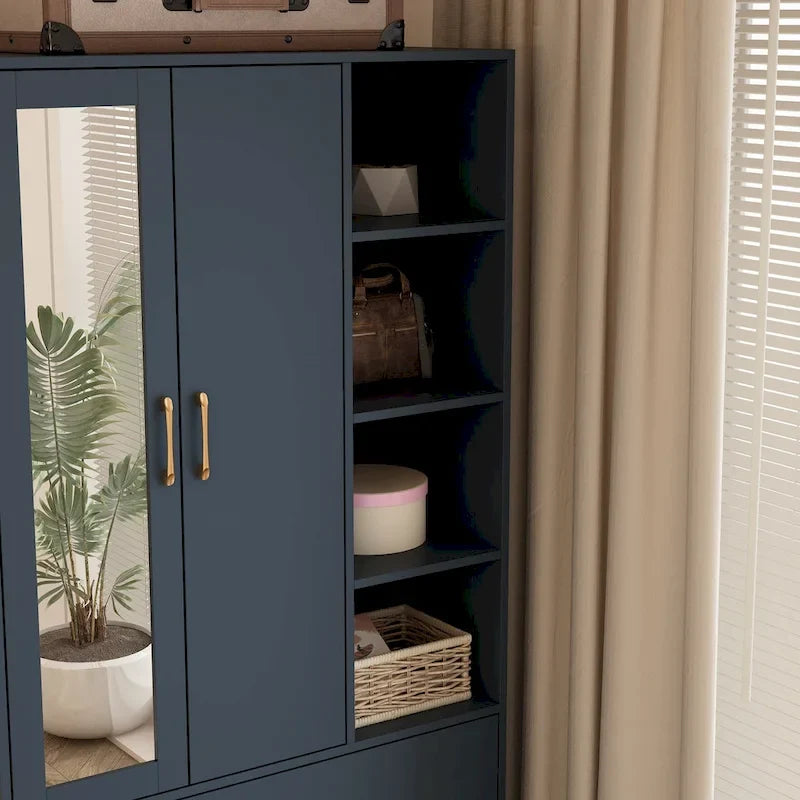 Armoire avec miroir, tringle extensible et 2 tiroirs, couleurs blanc/noir/bleu foncé