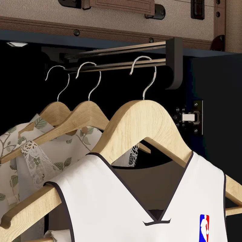 Armoire avec miroir, tringle extensible et 2 tiroirs, couleurs blanc/noir/bleu foncé