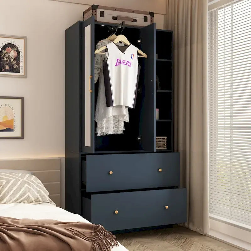 Armoire avec miroir, tringle extensible et 2 tiroirs, couleurs blanc/noir/bleu foncé