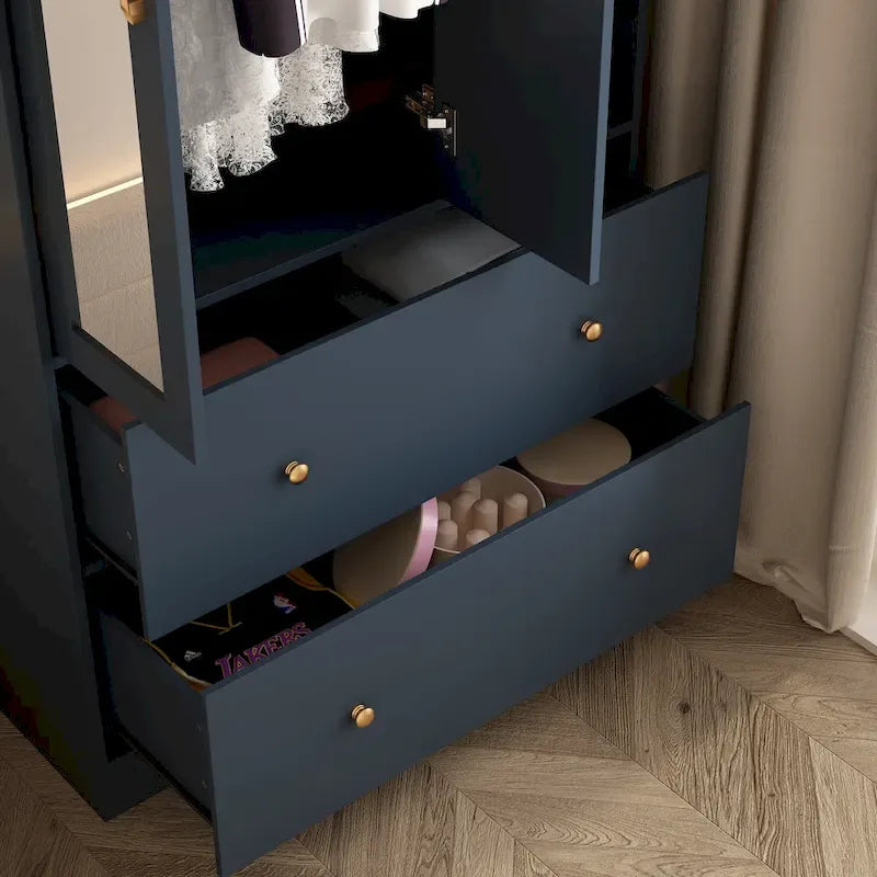 Armoire avec miroir, tringle extensible et 2 tiroirs, couleurs blanc/noir/bleu foncé