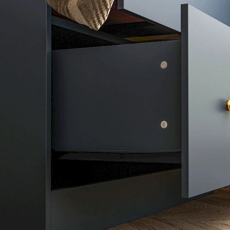 Armoire avec miroir, tringle extensible et 2 tiroirs, couleurs blanc/noir/bleu foncé