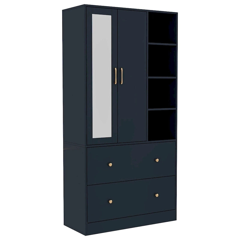 Armoire avec miroir, tringle extensible et 2 tiroirs, couleurs blanc/noir/bleu foncé