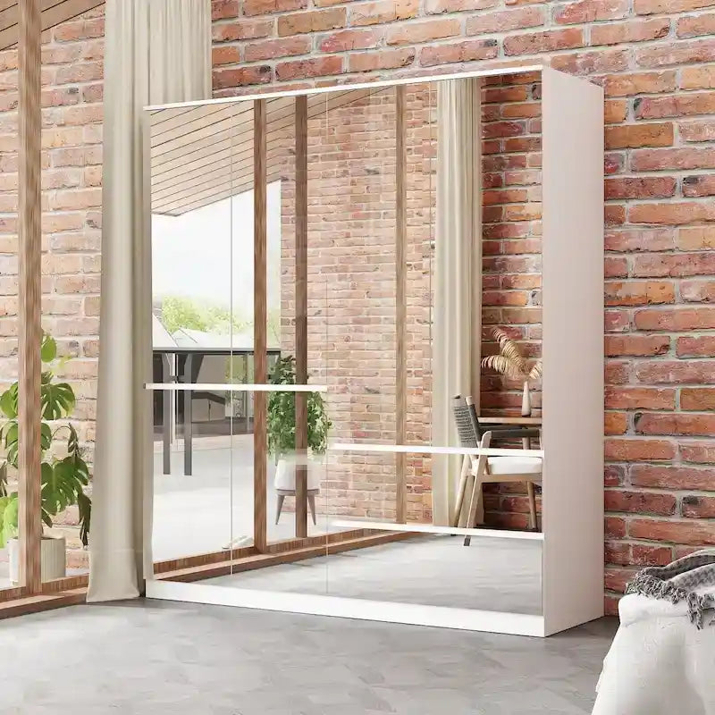 Armoire penderie blanche à portes miroir avec tringle et étagères – 3 tailles disponibles