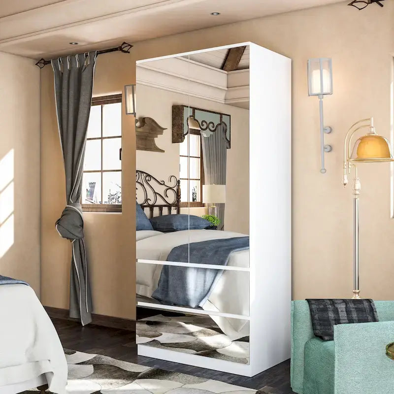 Armoire penderie blanche à portes miroir avec tringle et étagères – 3 tailles disponibles