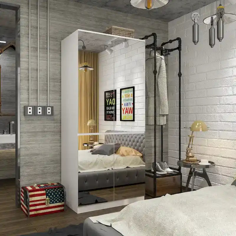 Armoire penderie blanche à portes miroir avec tringle et étagères – 3 tailles disponibles