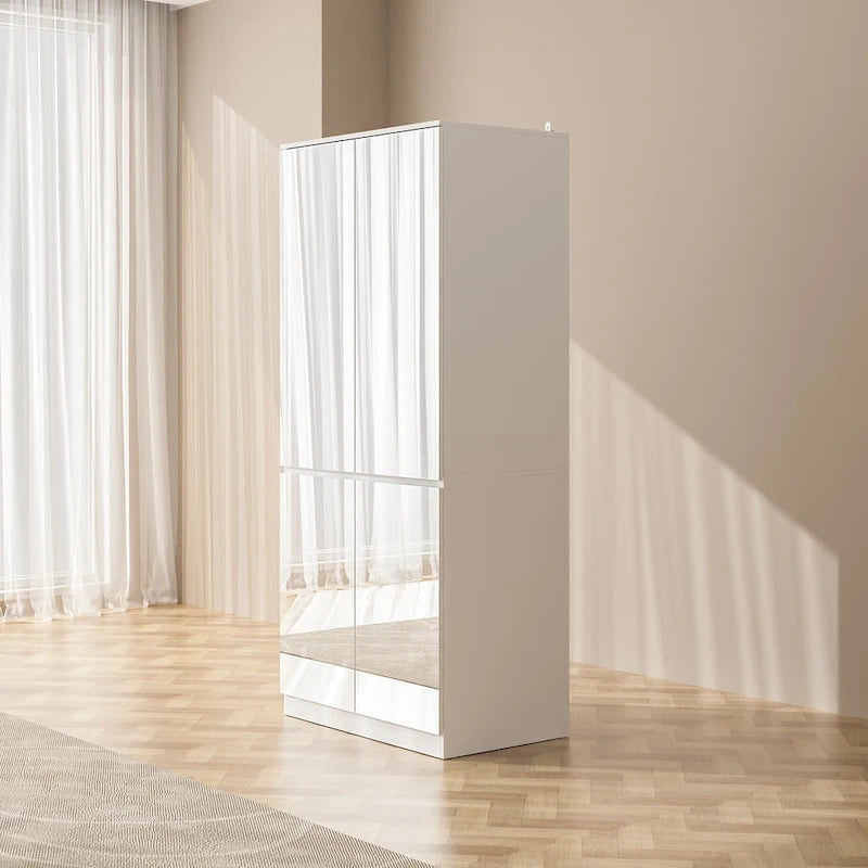 Armoire penderie blanche à portes miroir avec tringle et étagères – 3 tailles disponibles