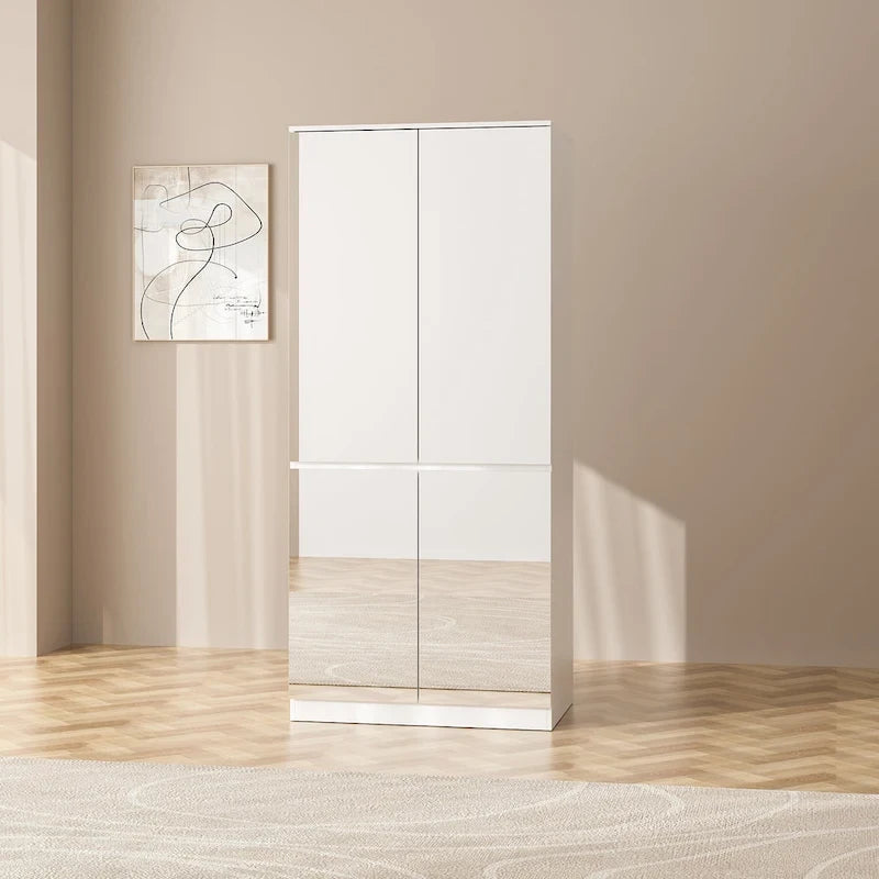 Armoire penderie blanche à portes miroir avec tringle et étagères – 3 tailles disponibles