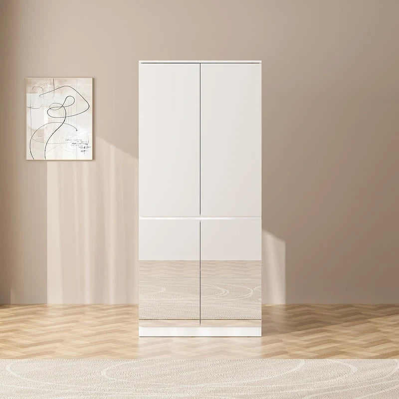 Armoire penderie blanche à portes miroir avec tringle et étagères – 3 tailles disponibles