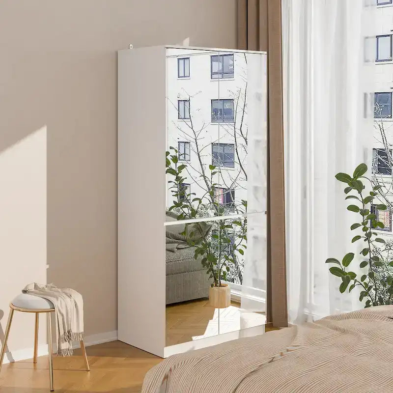 Armoire penderie blanche à portes miroir avec tringle et étagères – 3 tailles disponibles