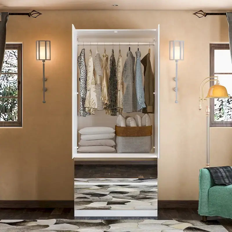 Armoire penderie blanche à portes miroir avec tringle et étagères – 3 tailles disponibles