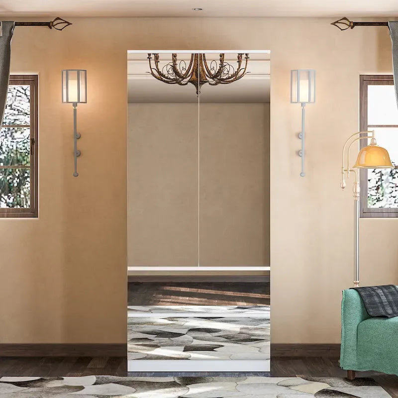 Armoire penderie blanche à portes miroir avec tringle et étagères – 3 tailles disponibles