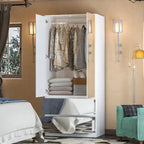 Armoire penderie blanche à portes miroir avec tringle et étagères – 3 tailles disponibles