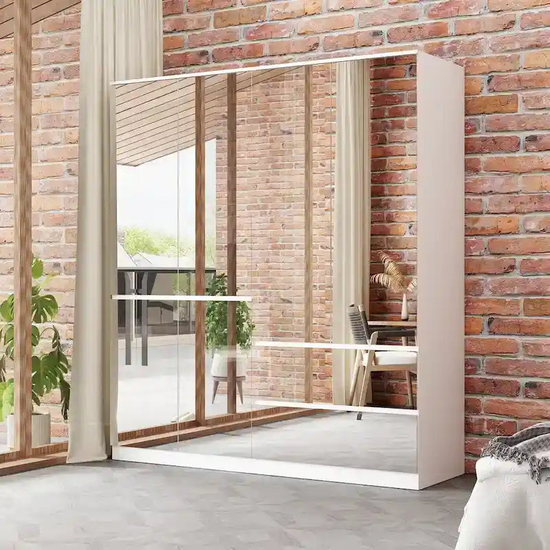 Armoire penderie blanche à portes miroir avec tringle et étagères – 3 tailles disponibles