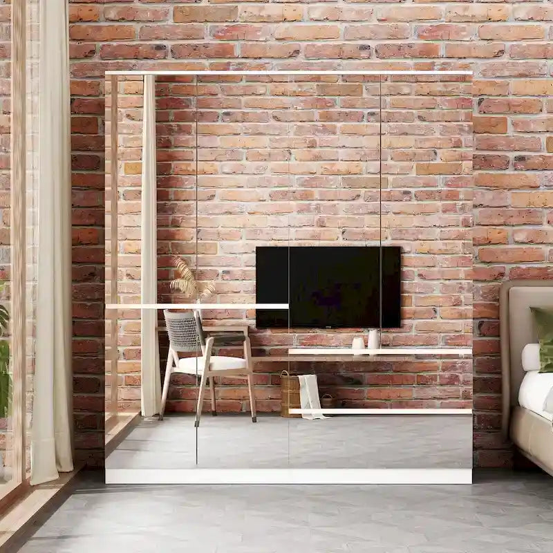 Armoire penderie blanche à portes miroir avec tringle et étagères – 3 tailles disponibles