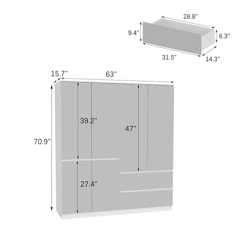 Armoire penderie blanche à portes miroir avec tringle et étagères – 3 tailles disponibles
