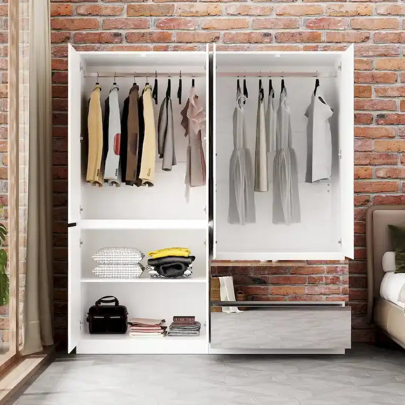 Armoire penderie blanche à portes miroir avec tringle et étagères – 3 tailles disponibles