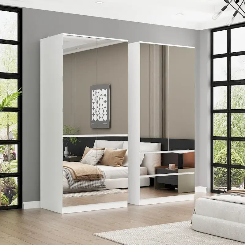 Armoire penderie blanche à portes miroir avec tringle et étagères – 3 tailles disponibles