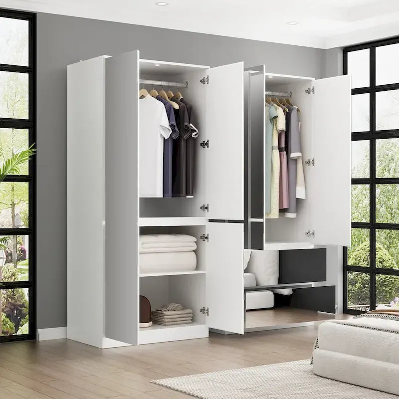 Armoire penderie blanche à portes miroir avec tringle et étagères – 3 tailles disponibles
